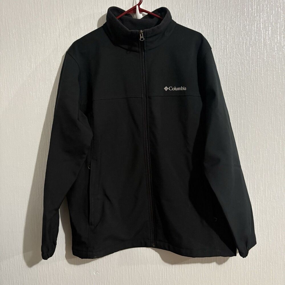 Columbia Black Soft Shell Jacket Full Zip Pockets Cinch Bottom Fall Winter Men L